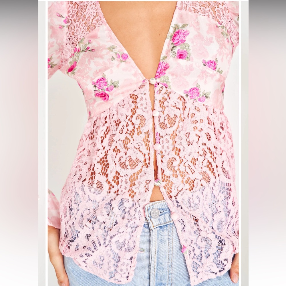 LoveShackFancy Pink Floral Lace Top - Picture 3 of 9
